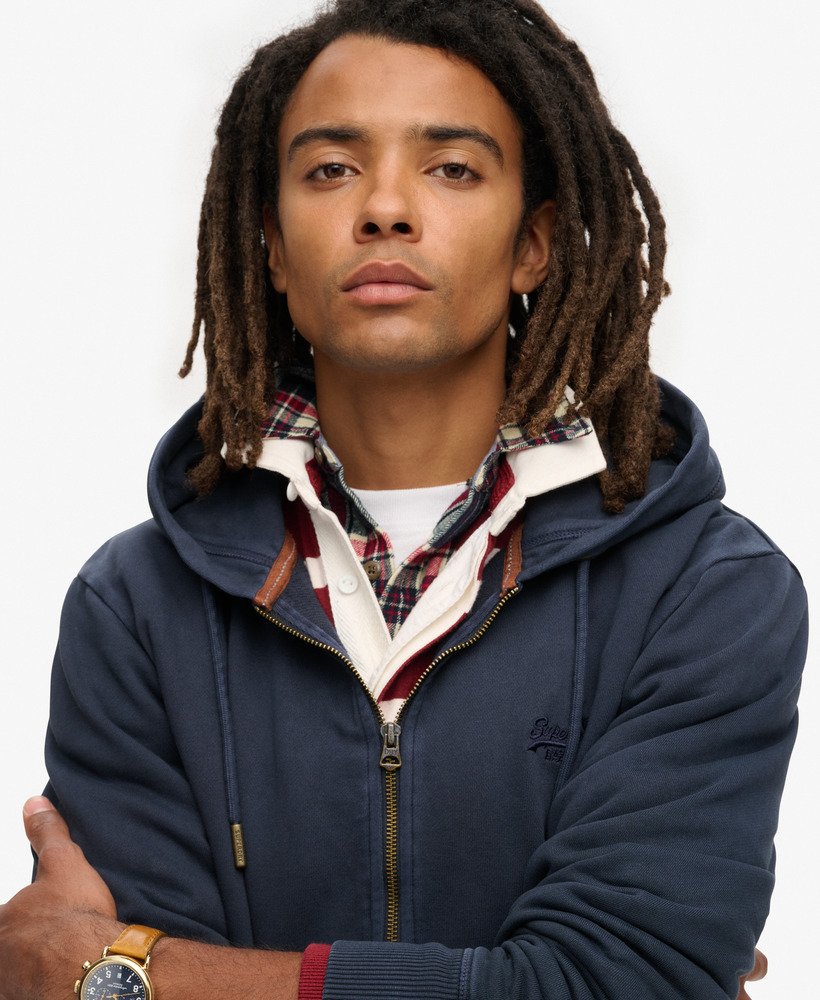 essential logo washed zip hoodie in eclipse navy