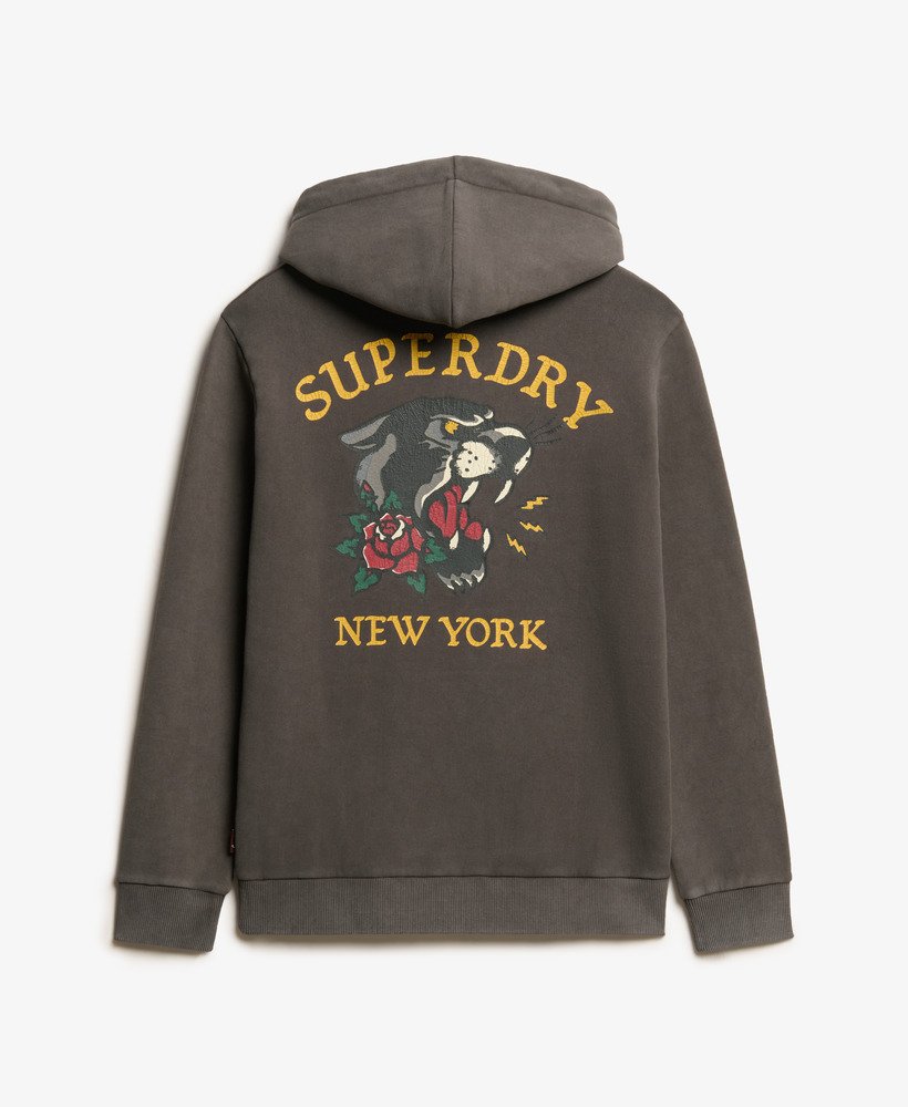hoodie met tattoo-print op de rug losvallend model in vintage zwart.