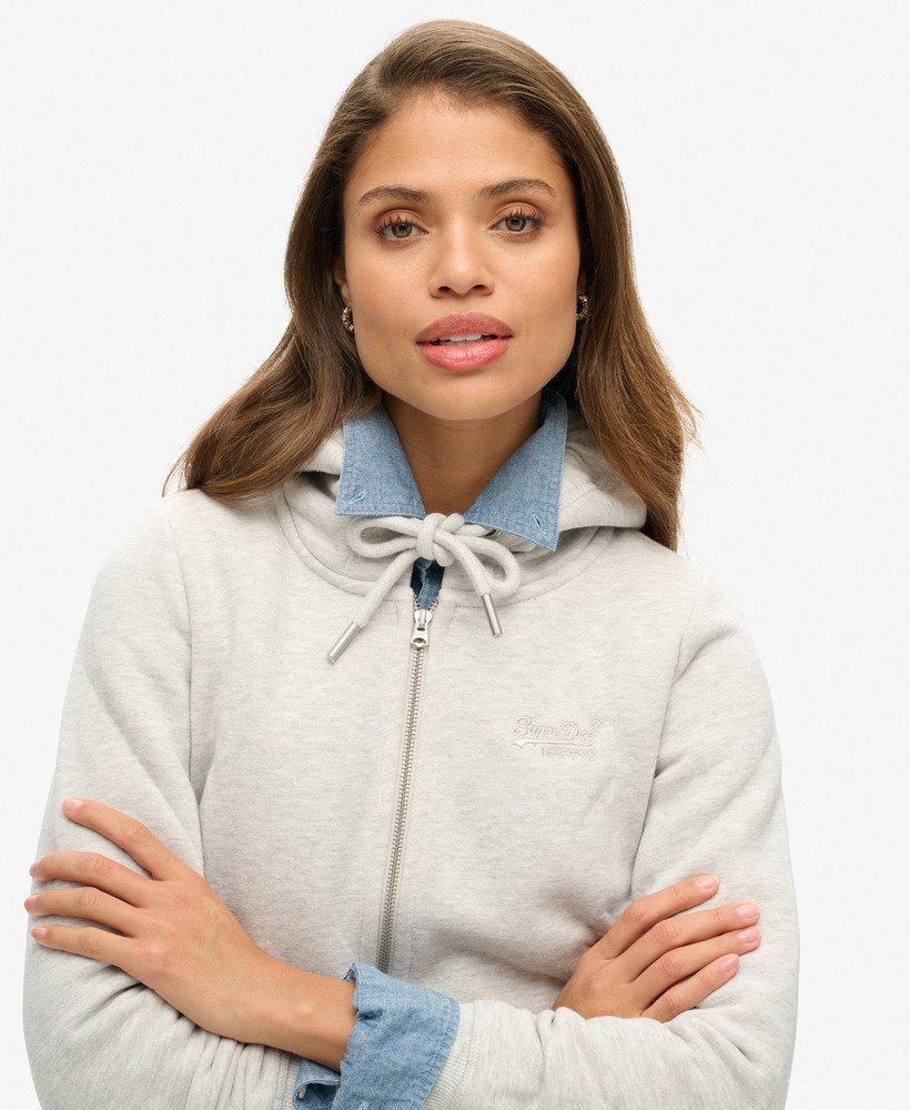 hoodie met ritssluiting en vintage logo geborduurd in glacier grey marl.