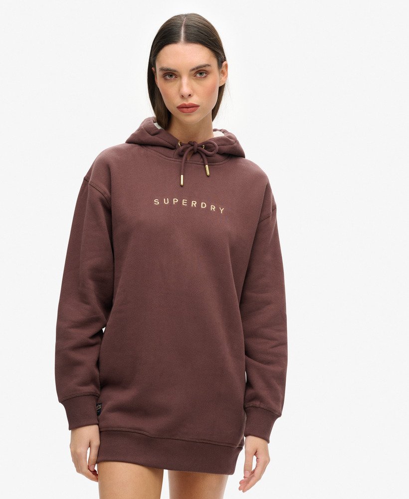 luxe metallic logo hoodie jurk in french roast brown