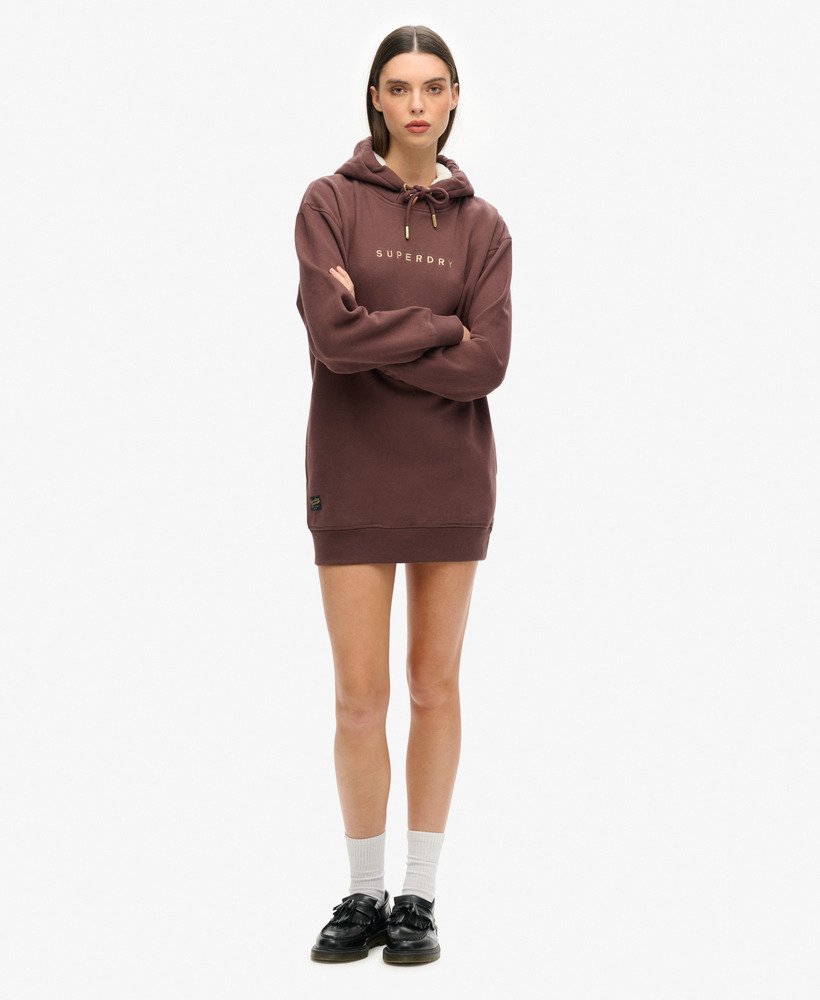luxe metallic logo hoodie jurk in french roast brown