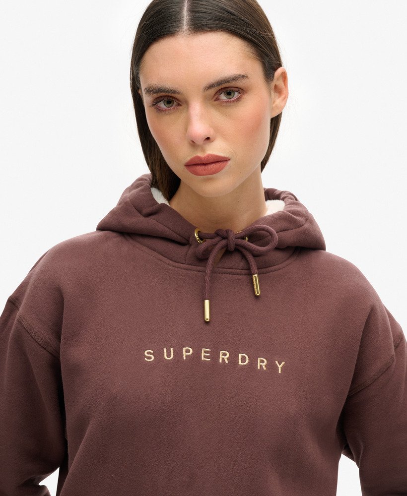 luxe metallic logo hoodie jurk in french roast brown