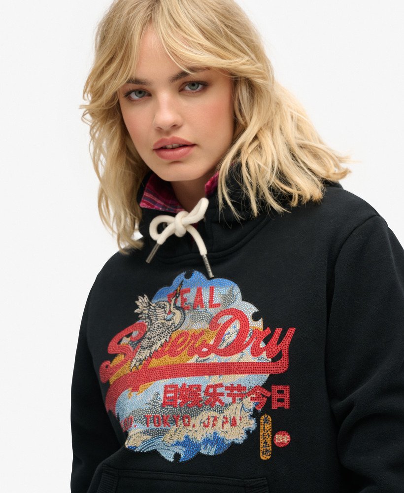tokyo vintage logo graphic hoodie in zwart