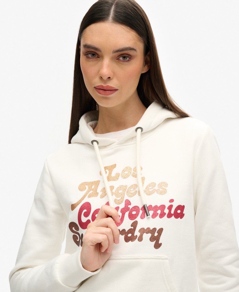 retro hoodie met glitterlogo in ecru