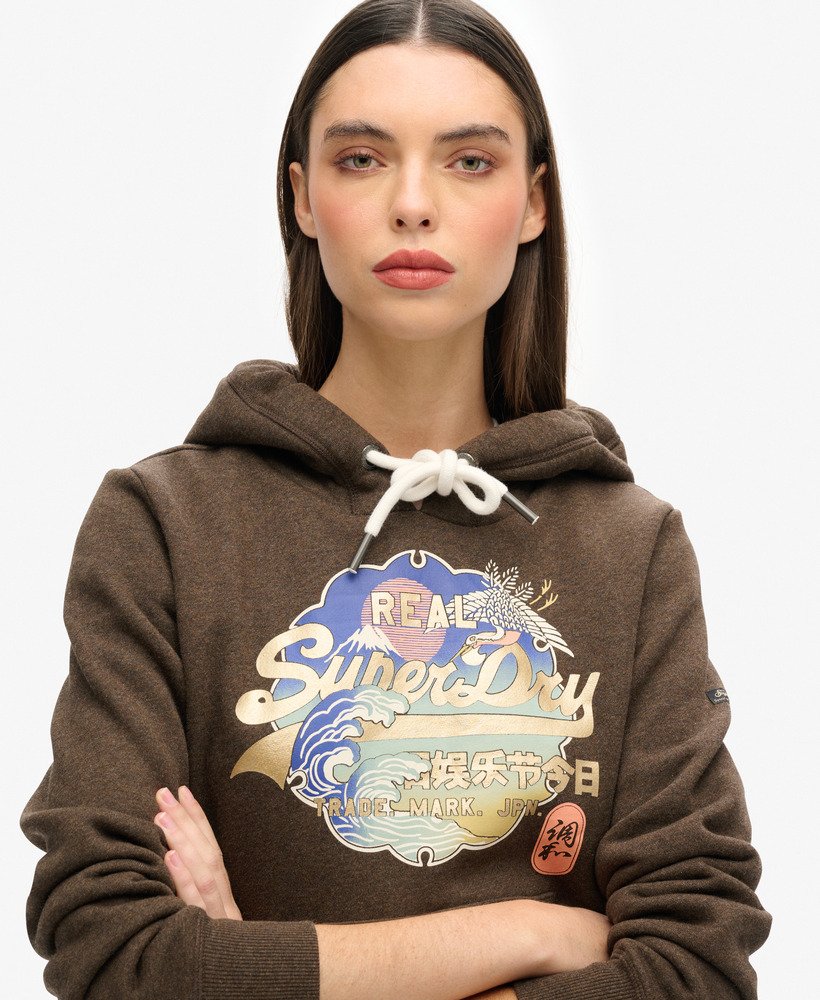 vintage itago hoodie met logo in donkerbruin gemêleerd.