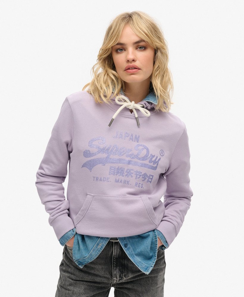 metallic vintage logo graphic onbewerkte hoodie in wisteria paars