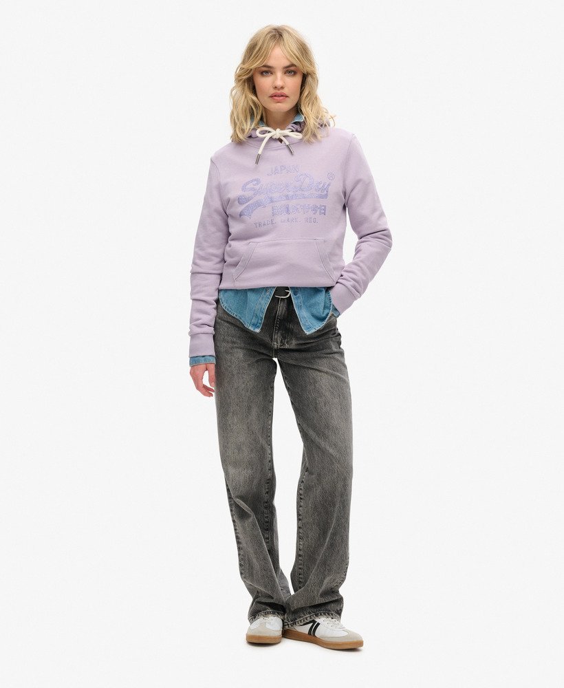 metallic vintage logo graphic onbewerkte hoodie in wisteria paars