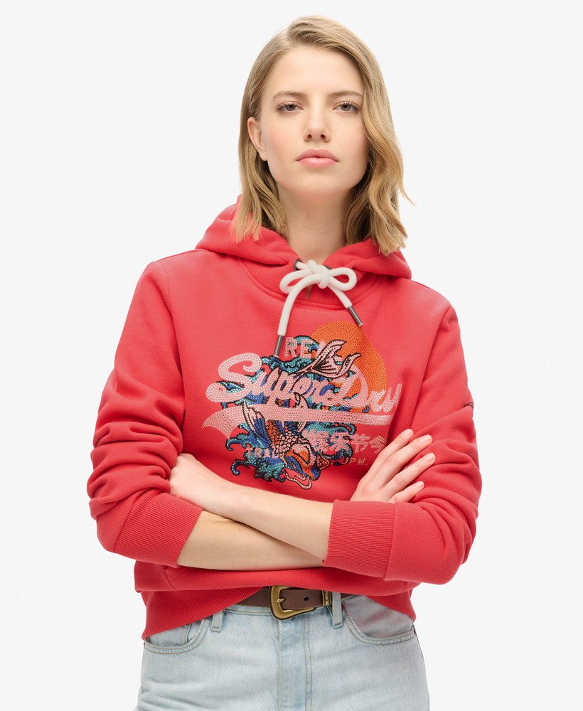 tokyo vintage logo graphic hoodie in soda pop red
