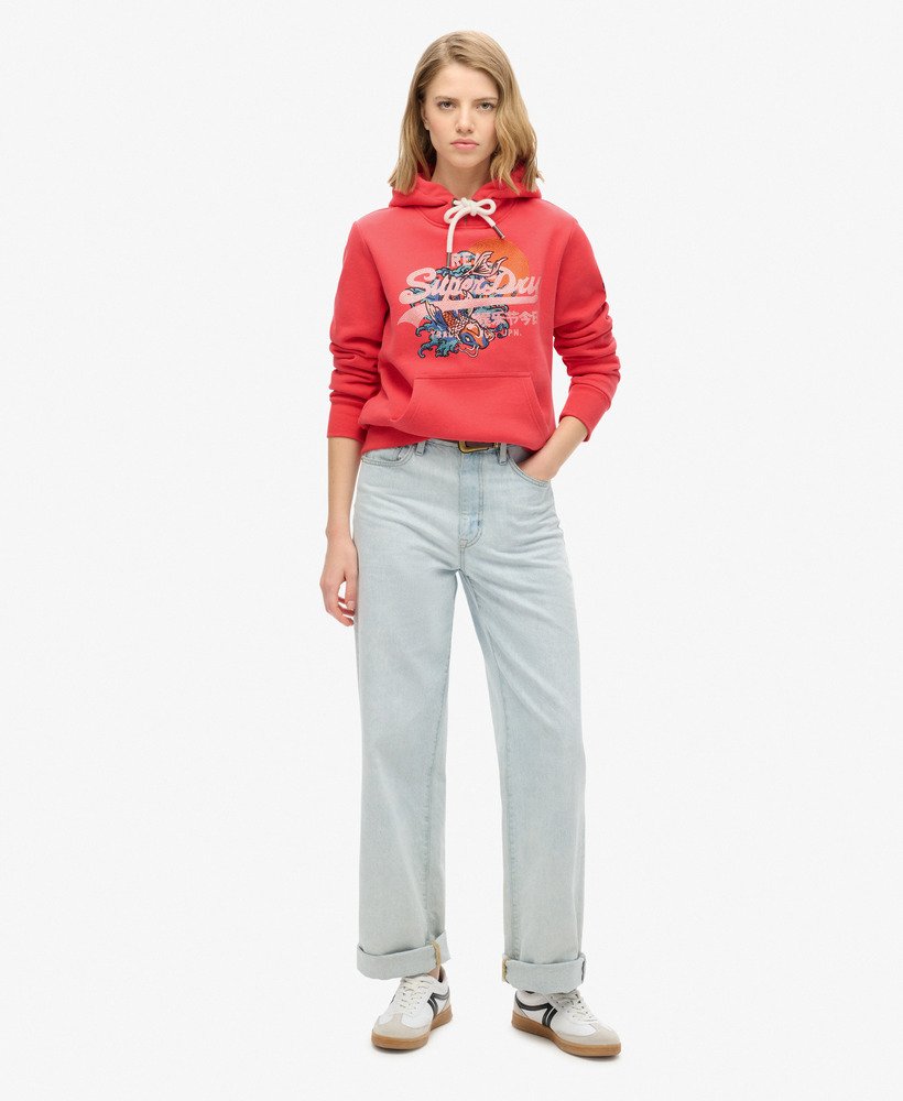 tokyo vintage logo graphic hoodie in soda pop red