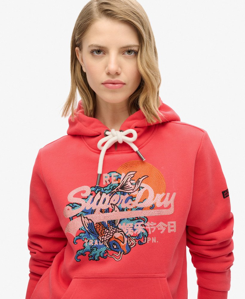tokyo vintage logo graphic hoodie in soda pop red
