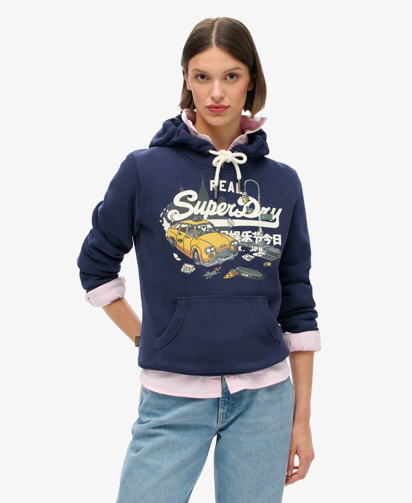 new york vintage logo graphic hoodie in rich navy
