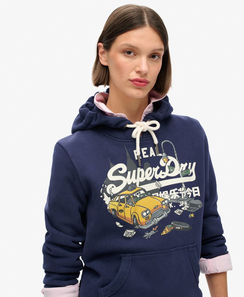 new york vintage logo graphic hoodie in rich navy