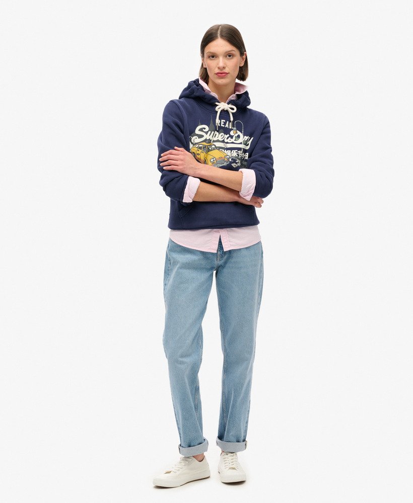 new york vintage logo graphic hoodie in rich navy