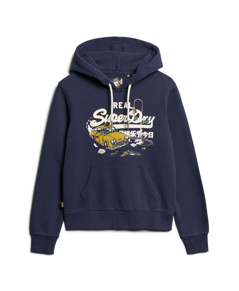 new york vintage logo graphic hoodie in rich navy