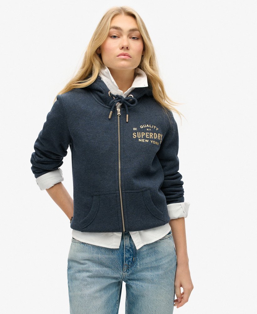 luxe metallic logo zip hoodie in trench navy marl