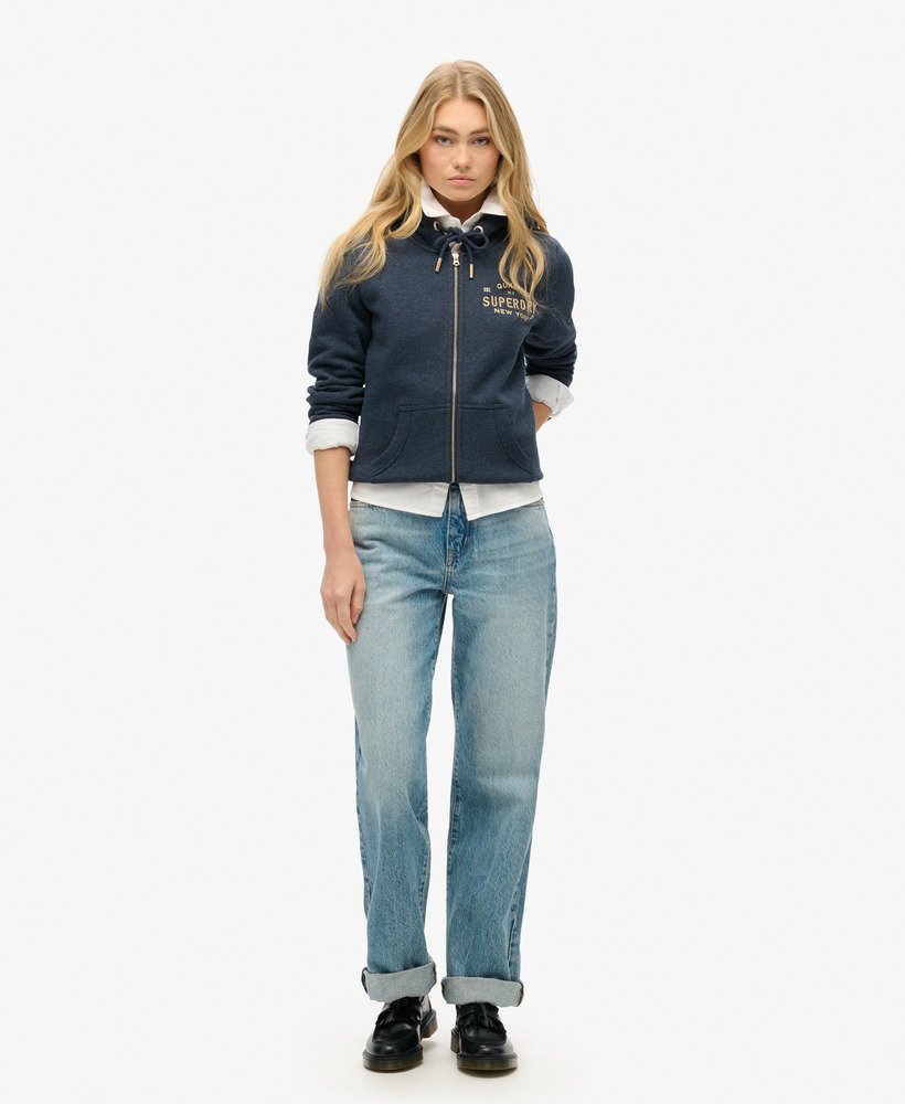 luxe metallic logo zip hoodie in trench navy marl