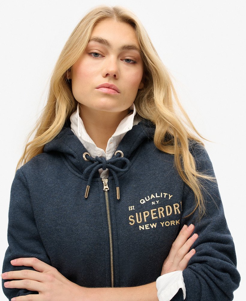 luxe metallic logo zip hoodie in trench navy marl