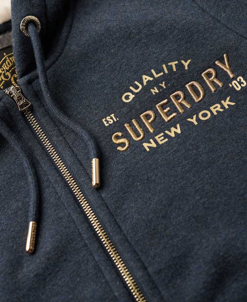 luxe metallic logo zip hoodie in trench navy marl