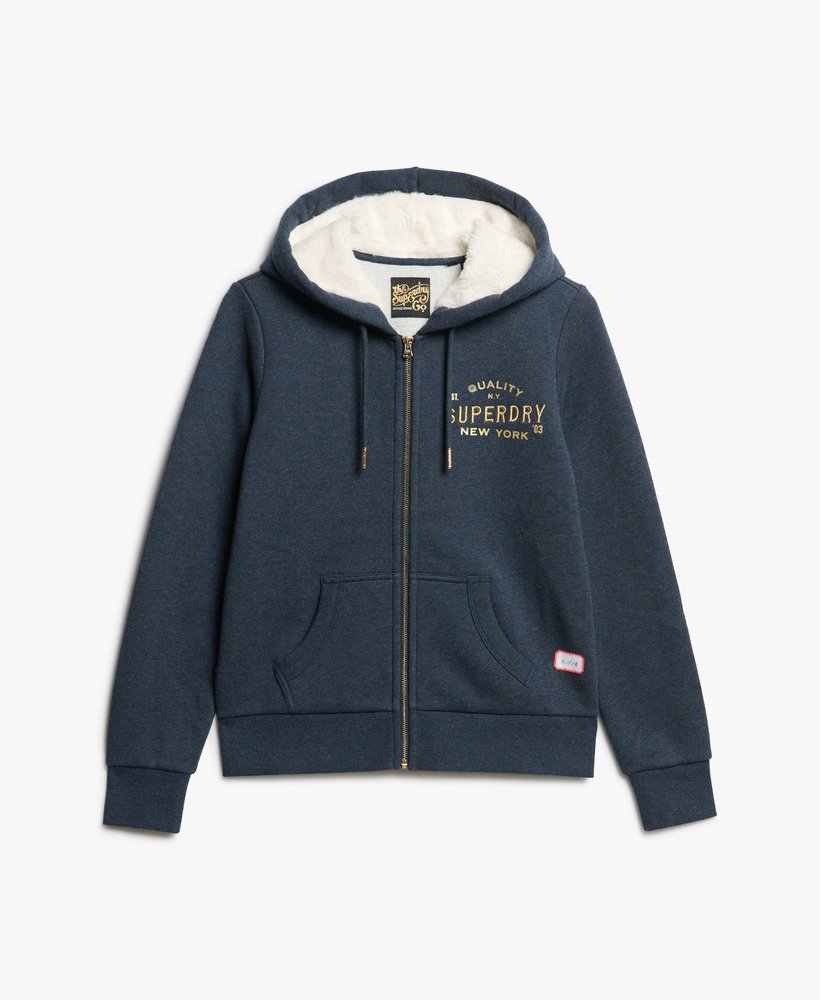 luxe metallic logo zip hoodie in trench navy marl