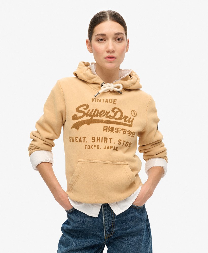 klassieke velours hoodie met grafische print in draft beige brown.