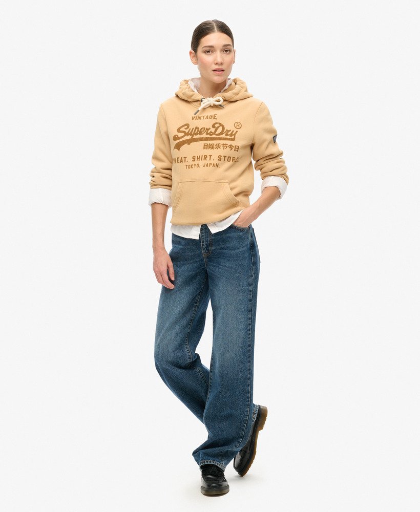 klassieke velours hoodie met grafische print in draft beige brown.