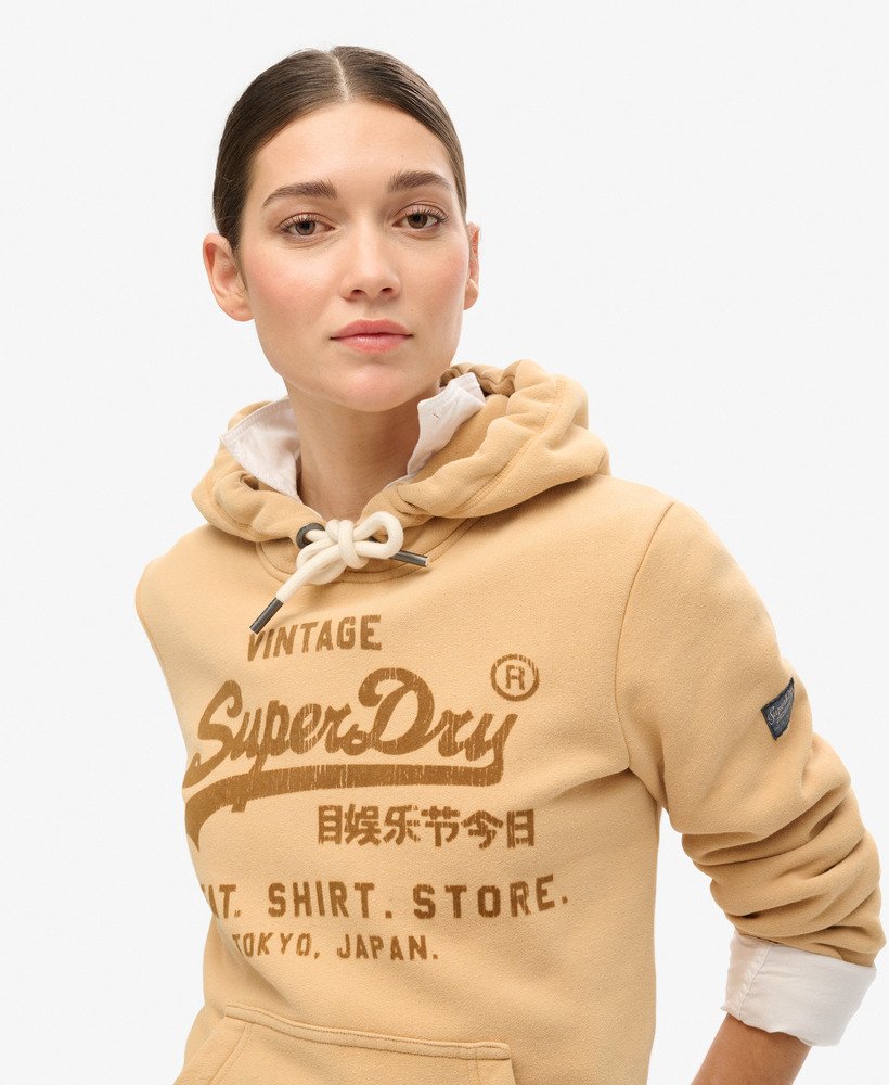 klassieke velours hoodie met grafische print in draft beige brown.