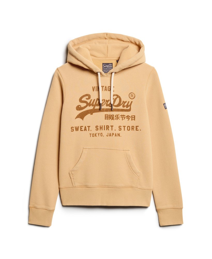 klassieke velours hoodie met grafische print in draft beige brown.