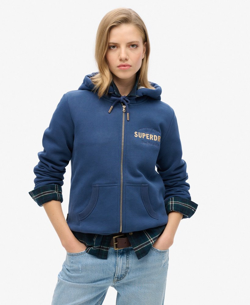 luxe metallic hoodie met logo en rits in sargasso zeeblauw