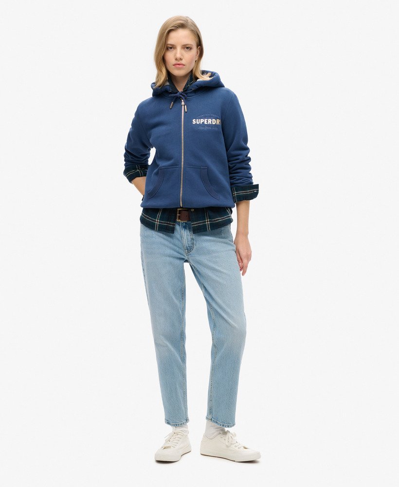 luxe metallic hoodie met logo en rits in sargasso zeeblauw