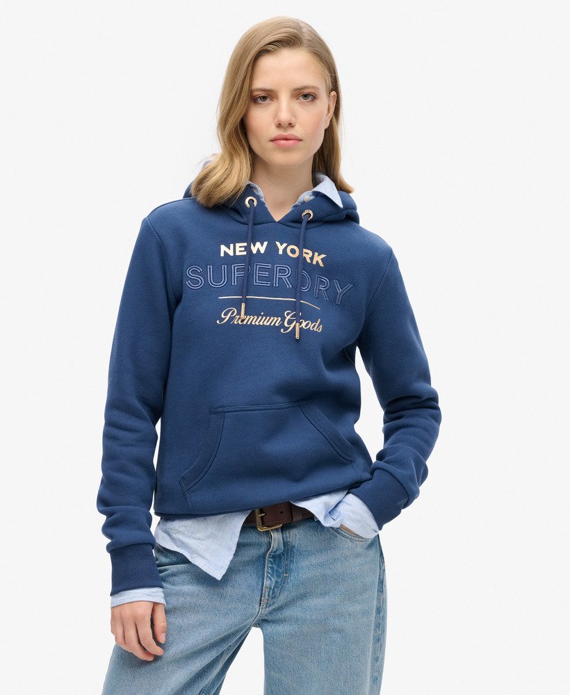 luxe metallic logo hoodie in sargasso zeeblauw