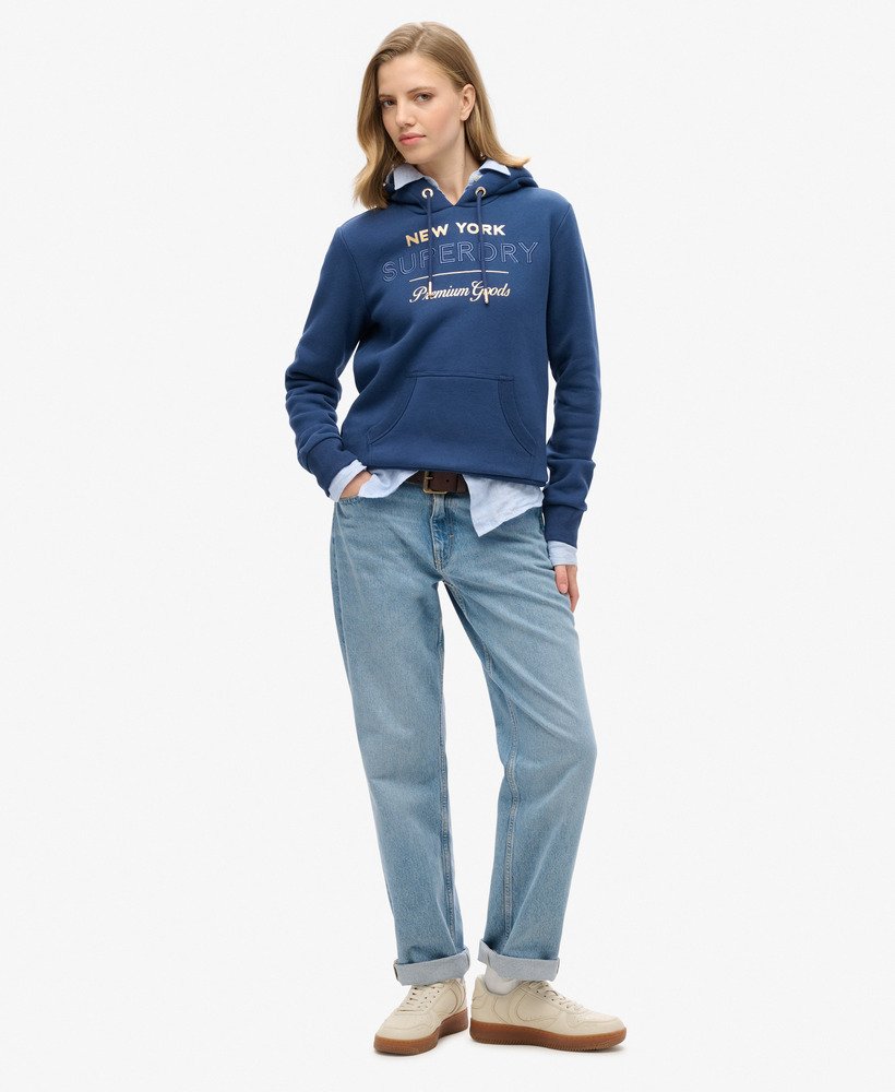 luxe metallic logo hoodie in sargasso zeeblauw