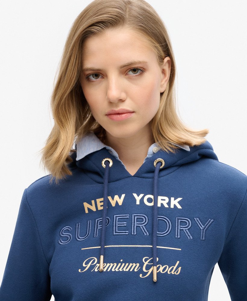 luxe metallic logo hoodie in sargasso zeeblauw