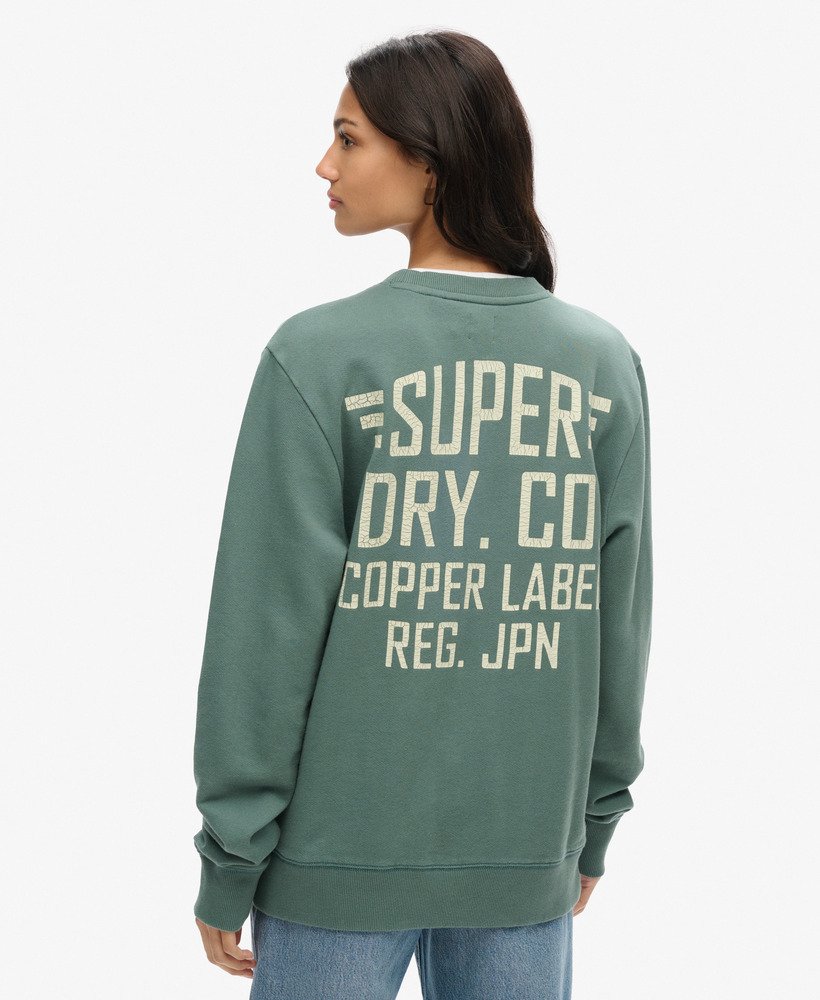 oversized copper label graphic crew sweatshirt in drius green