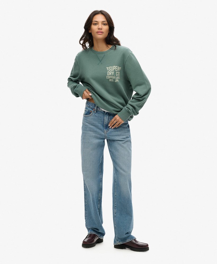 oversized copper label graphic crew sweatshirt in drius green