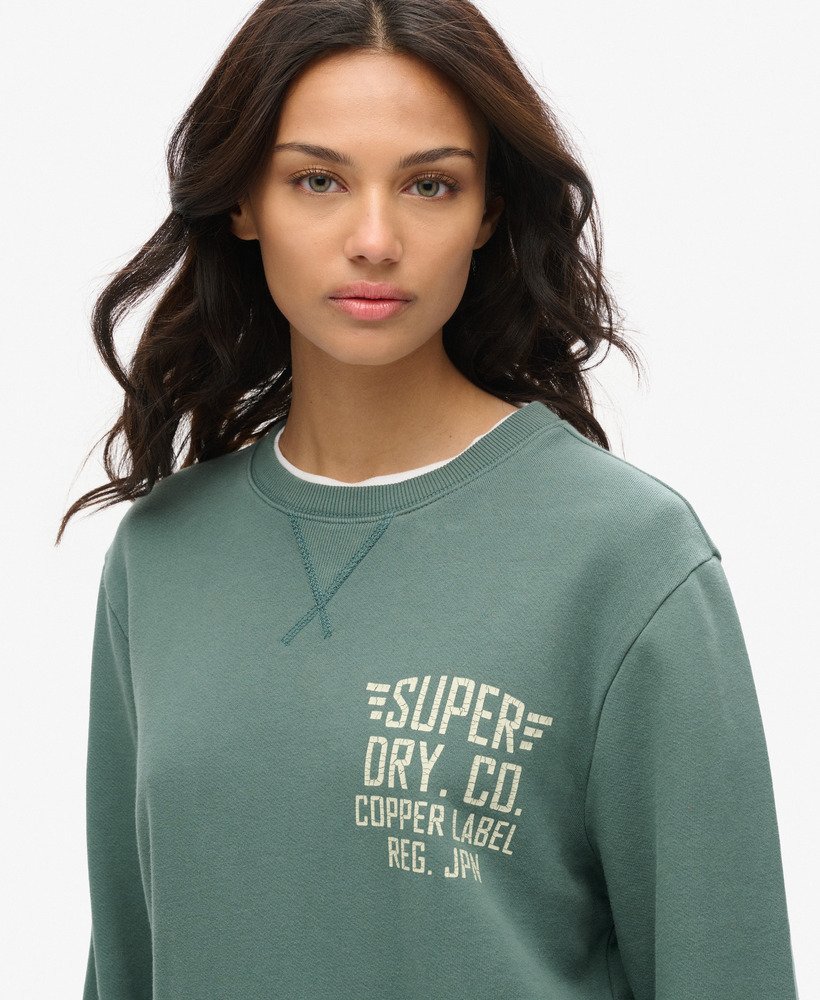 oversized copper label graphic crew sweatshirt in drius green
