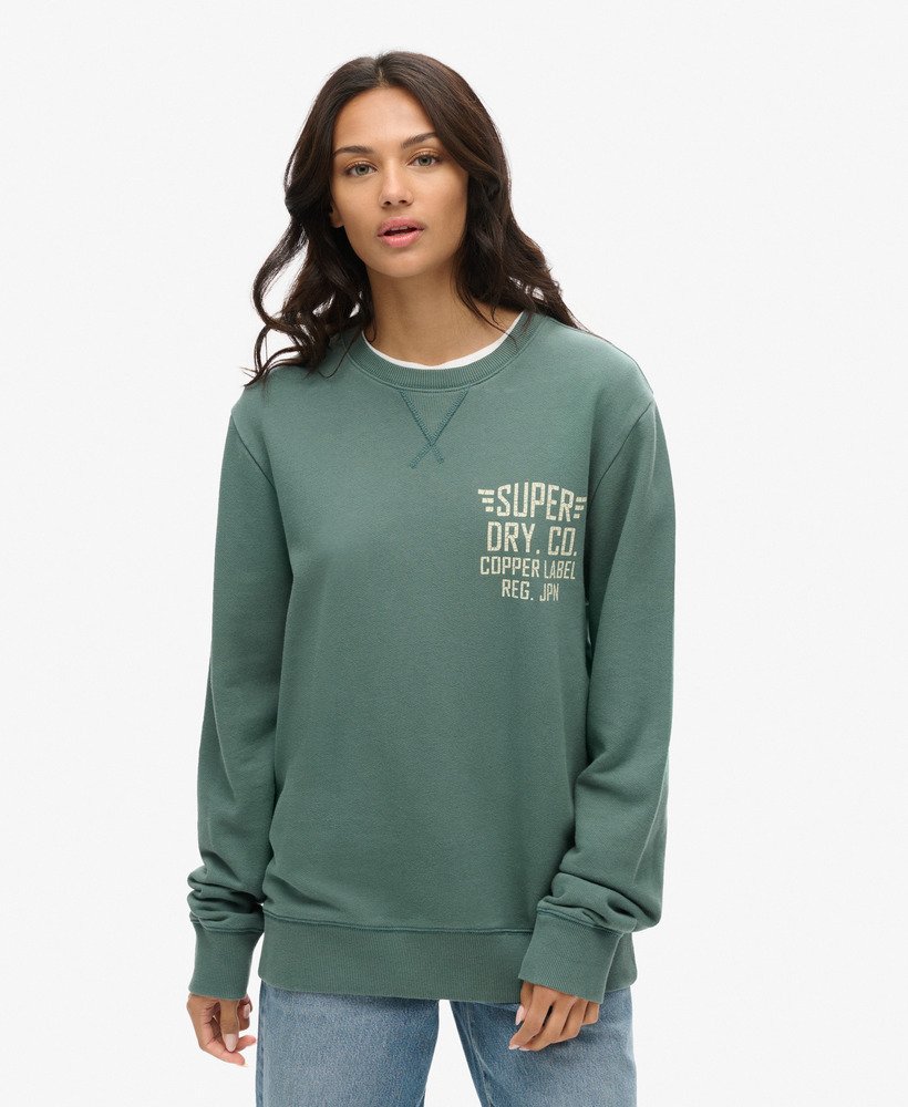oversized copper label graphic crew sweatshirt in drius green