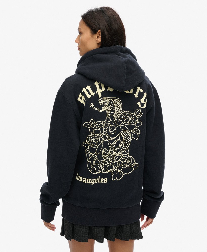 oversized hoodie met tattoo-print en ritssluiting in gitzwart
