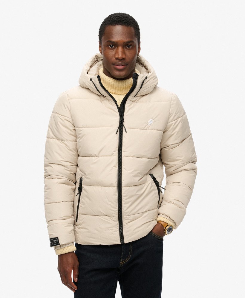 gewatteerde sportjas met capuchon in pelican beige