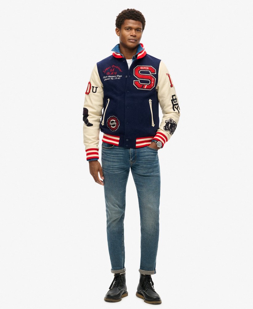 college varsity bomberjack met patches in atlantic navy