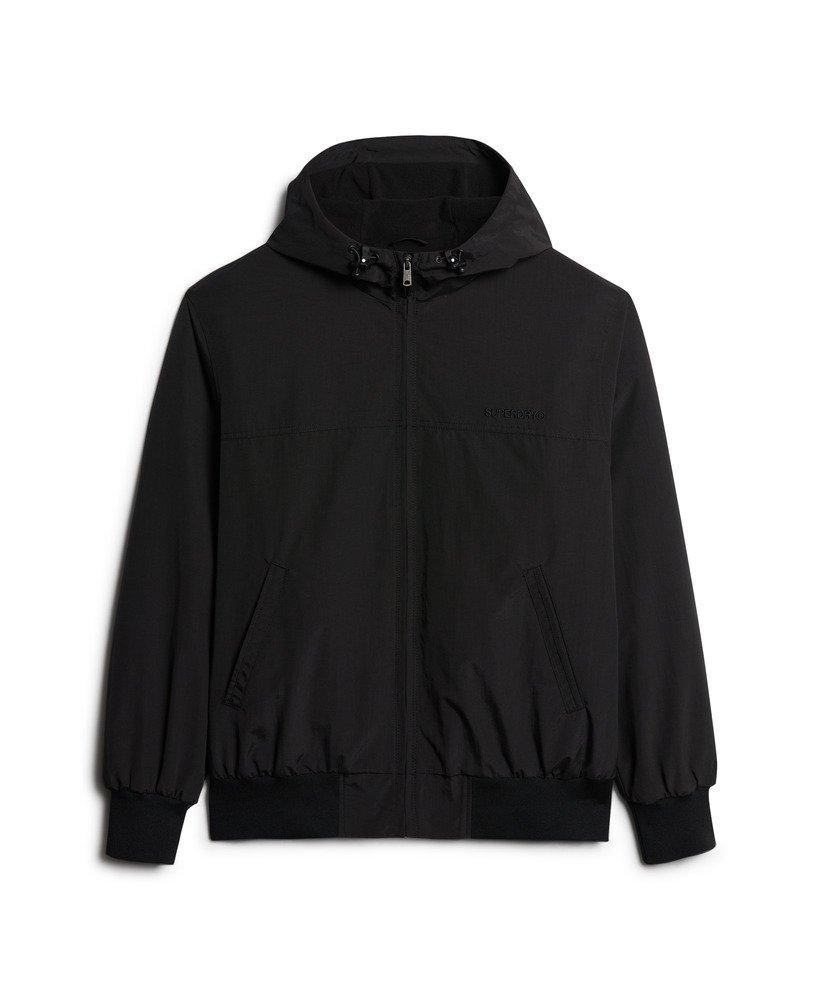 overgebleven nylon bomberjack met capuchon in gitzwart.