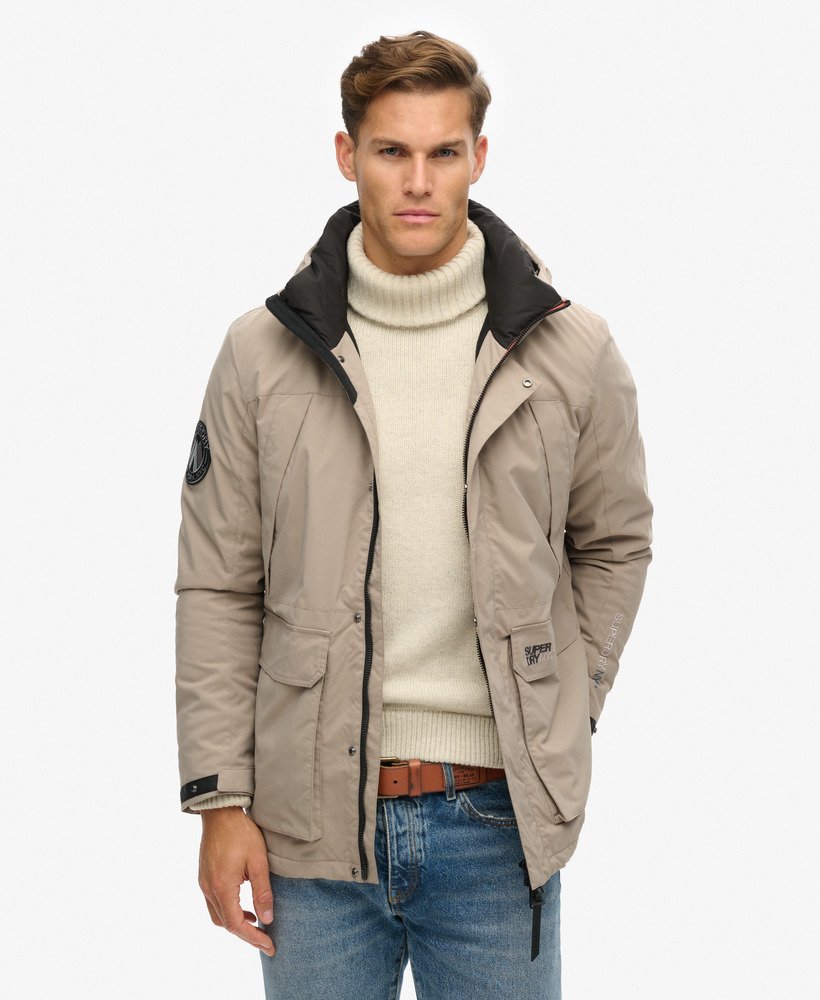 city hooded wind parka jacket in deep beige slub
