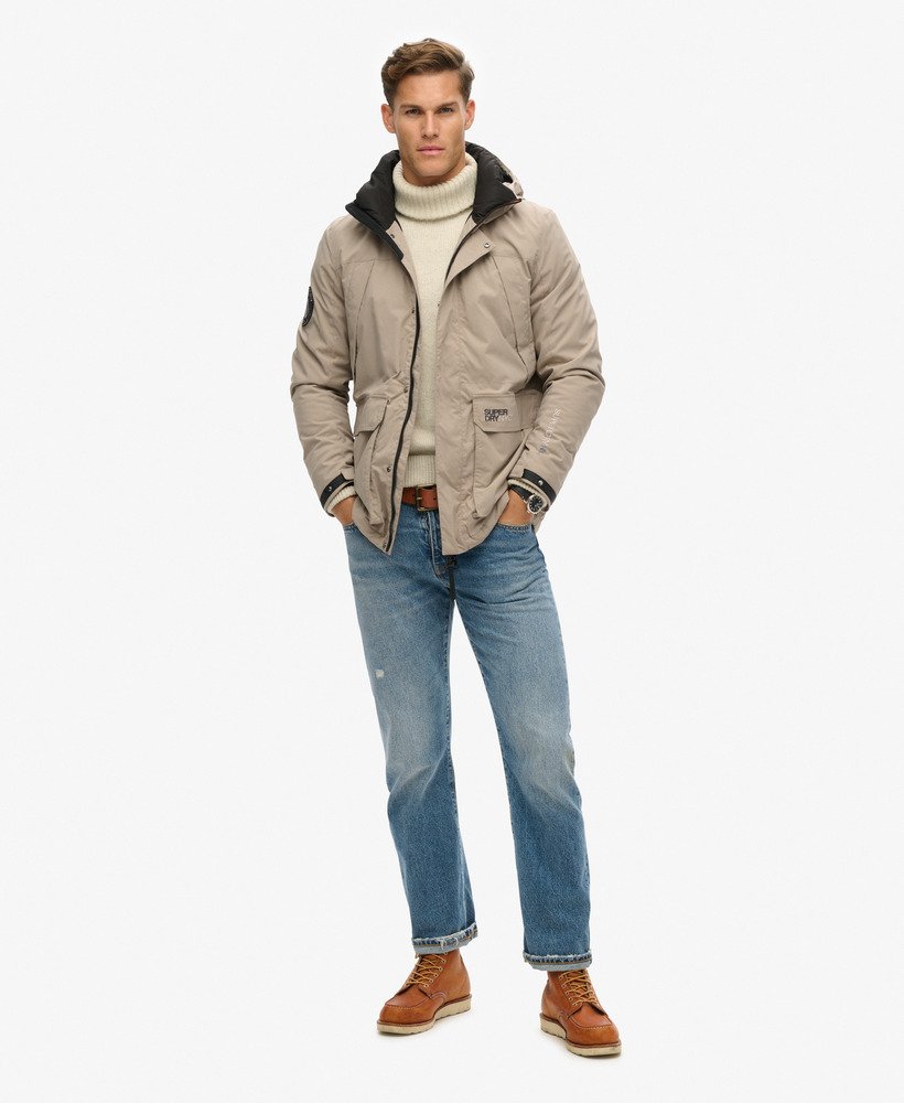city hooded wind parka jacket in deep beige slub