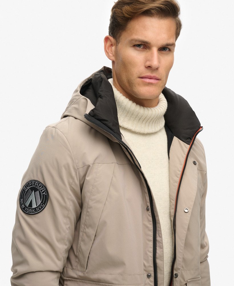 city hooded wind parka jacket in deep beige slub