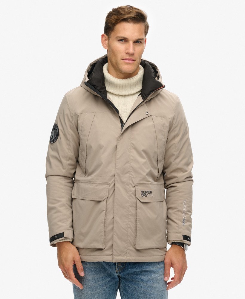 city hooded wind parka jacket in deep beige slub