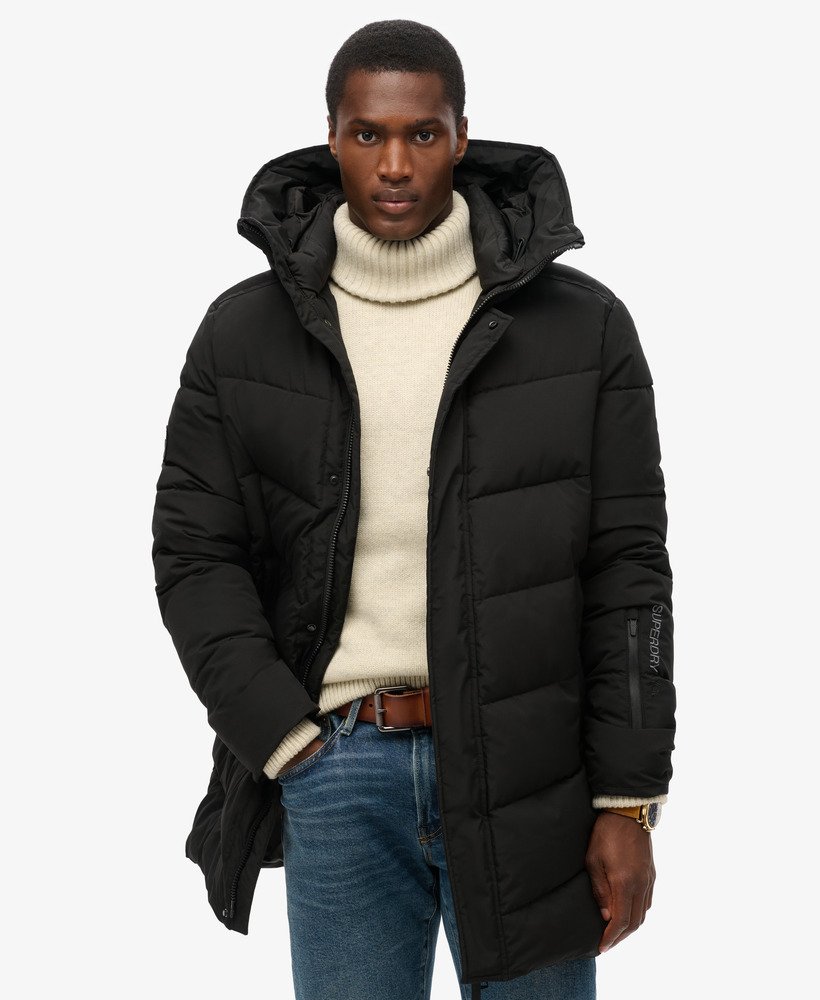 gewatteerde parka met city chevron-patroon in zwart