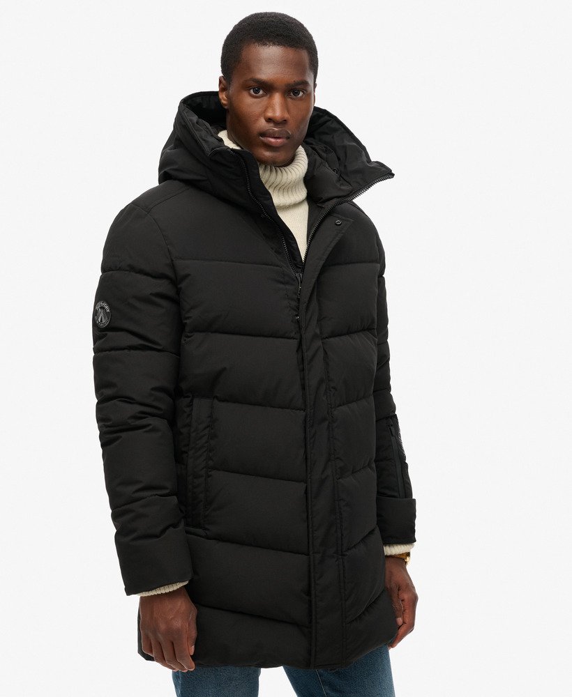 gewatteerde parka met city chevron-patroon in zwart