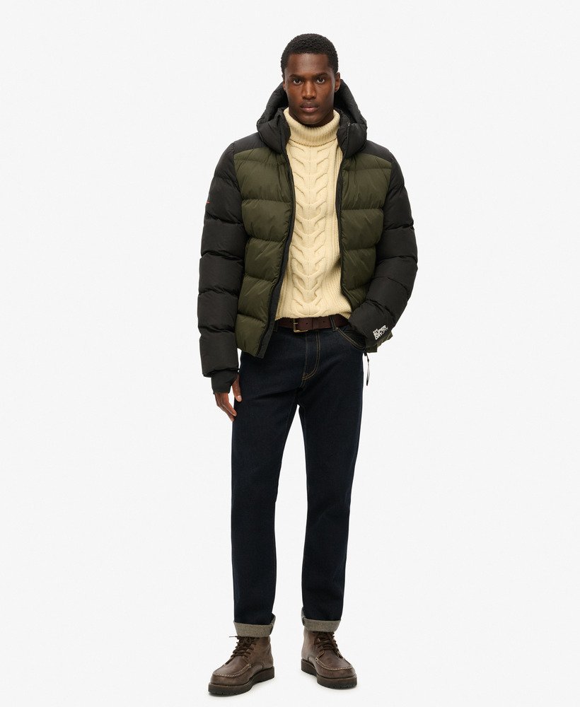 hood colour block sport puffer in zwart colourblock
