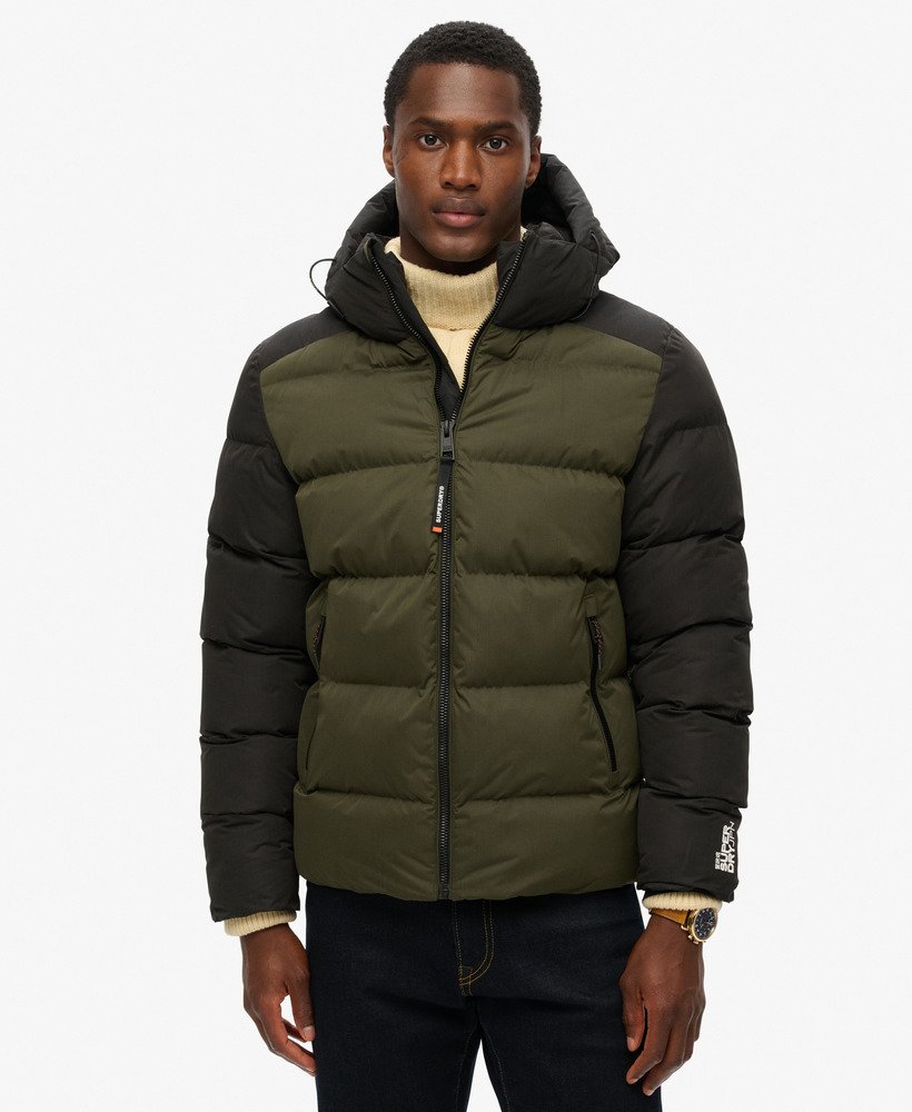 hood colour block sport puffer in zwart colourblock
