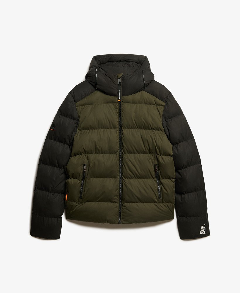 hood colour block sport puffer in zwart colourblock