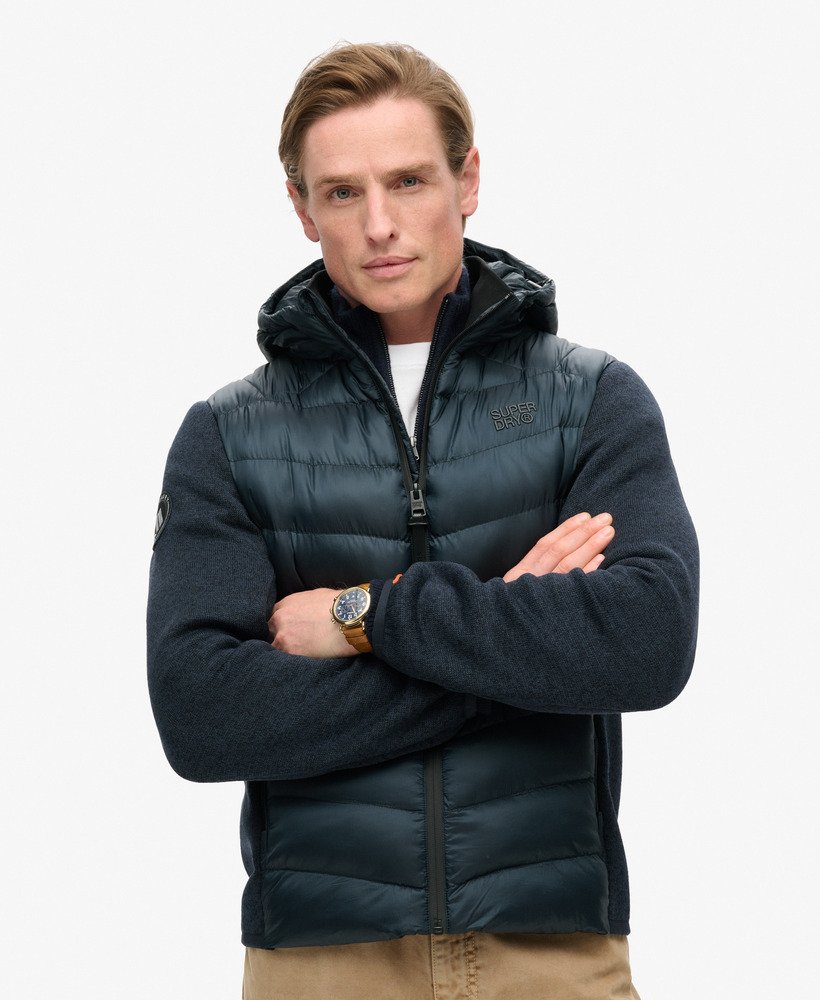 gebreide storm hybrid-jas met capuchon in eclipse navy marl